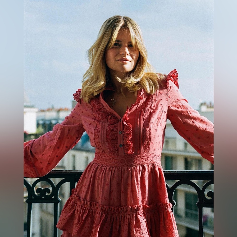 Boden Mixed Broderie Dusty Red" Eyelet Ruffle Dress Size 6R